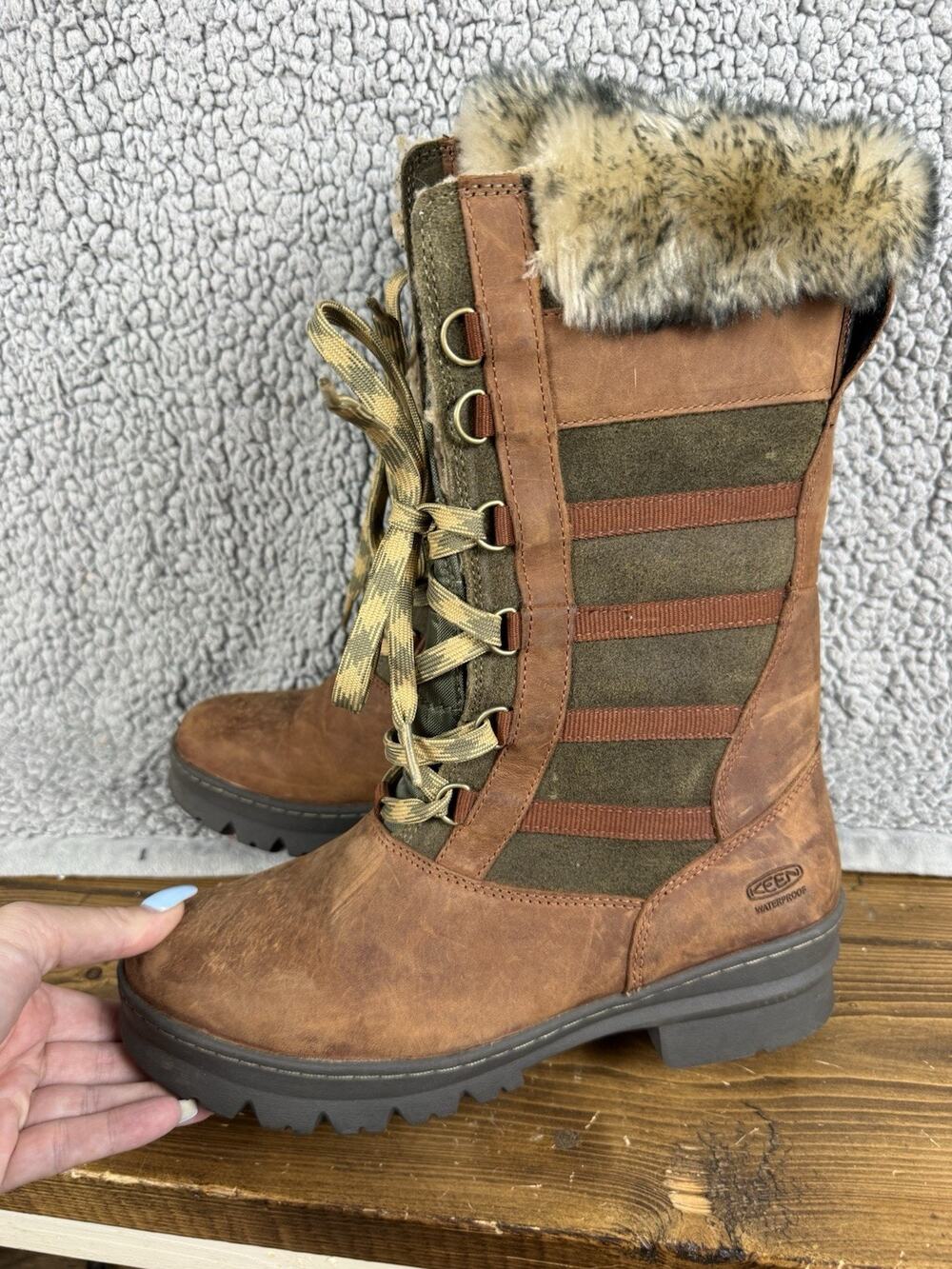 KEEN Women's Size 9 Wapato Tall Waterproof Winter Boots Brown Green Faux Fur